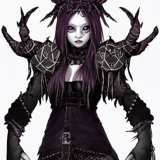 {{{dark fantasy grand witch of north}}}, highly detailed, {hyperrealistic upper body portrait leader of the druid tribe}, powerful nordic woman who knows dark magic, occultism, mage, overflowing energy, wears tribal cloth made of animal leather and warm materials, grim and gothic, light medieval armor, 1woman, gorgeous anime woman, illustrated, long dark hair, strong body, wears jewelry made of small bones and antlers, mysterious look, sharp focus, elegant, no hat, no headgear, volumetric lighting, smooth, in style of hades videogame, thick black outlines, cartoony, art by artgerm, art station, character art