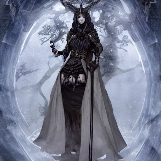 {{{dark fantasy grand witch of north}}}, highly detailed, {hyperrealistic upper body portrait leader of the druid tribe}, powerful nordic woman who knows dark magic, occultism, mage, overflowing energy, wears tribal cloth made of animal leather and warm materials, grim and gothic, light medieval armor, 1woman, gorgeous anime woman, illustrated, long dark hair, strong body, wears jewelry made of small bones and antlers, mysterious look, sharp focus, elegant, no hat, no headgear, volumetric lighting, smooth, in style of hades videogame, thick black outlines, cartoony, art by artgerm, art station, character art