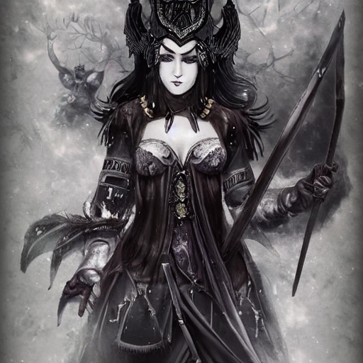 {{{dark fantasy grand witch of north}}}, highly detailed, {hyperrealistic upper body portrait leader of the druid tribe}, powerful nordic woman who knows dark magic, occultism, mage, overflowing energy, wears tribal cloth made of animal leather and warm materials, grim and gothic, light medieval armor, 1woman, gorgeous anime woman, illustrated, long dark hair, strong body, wears jewelry made of small bones and antlers, mysterious look, sharp focus, elegant, no hat, no headgear, volumetric lighting, smooth, in style of hades videogame, thick black outlines, cartoony, art by artgerm, art station, character art