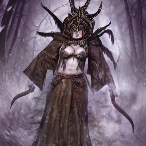 {{{dark fantasy grand witch of north}}}, highly detailed, {hyperrealistic upper body portrait leader of the druid tribe}, powerful nordic woman who knows dark magic, occultism, mage, overflowing energy, wears tribal cloth made of animal leather and warm materials, grim and gothic, light medieval armor, 1woman, gorgeous anime woman, illustrated, long dark hair, strong body, wears jewelry made of small bones and antlers, mysterious look, sharp focus, elegant, no hat, no headgear, volumetric lighting, smooth, in style of hades videogame, thick black outlines, cartoony, art by artgerm, art station, character art