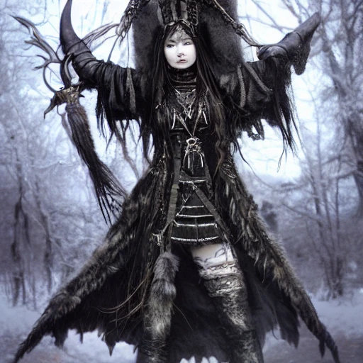 {{{dark fantasy grand witch of north}}}, highly detailed, {hyperrealistic upper body portrait leader of the druid tribe}, powerful nordic woman who knows dark magic, occultism, mage, overflowing energy, wears tribal cloth made of animal leather and warm materials, grim and gothic, light medieval armor, 1woman, gorgeous anime woman, illustrated, long dark hair, strong body, wears jewelry made of small bones and antlers, mysterious look, sharp focus, elegant, no hat, no headgear, volumetric lighting, smooth, in style of hades videogame, thick black outlines, cartoony, art by artgerm, art station, character art