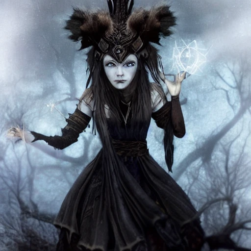 {{{dark fantasy grand witch of north}}}, highly detailed, {hyperrealistic upper body portrait leader of the druid tribe}, powerful nordic woman who knows dark magic, occultism, mage, overflowing energy, wears tribal cloth made of animal leather and warm materials, grim and gothic, light medieval armor, 1woman, gorgeous anime woman, illustrated, long dark hair, strong body, wears jewelry made of small bones and antlers, mysterious look, sharp focus, elegant, no hat, no headgear, volumetric lighting, smooth, in style of hades videogame, thick black outlines, cartoony, art by artgerm, art station, character art