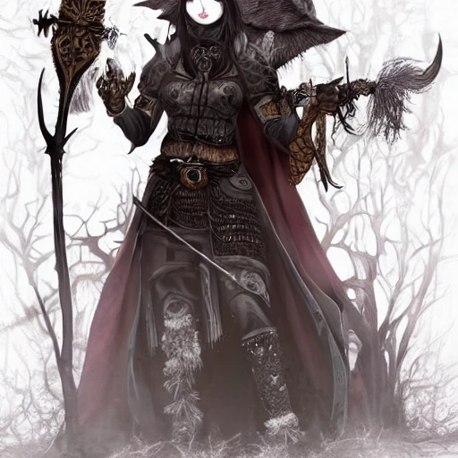 {{{dark fantasy grand witch of north}}}, highly detailed, {hyperrealistic upper body portrait leader of the druid tribe}, powerful nordic woman who knows dark magic, occultism, mage, overflowing energy, wears tribal cloth made of animal leather and warm materials, grim and gothic, light medieval armor, 1woman, gorgeous anime woman, illustrated, long dark hair, strong body, wears jewelry made of small bones and antlers, mysterious look, sharp focus, elegant, no hat, no headgear, volumetric lighting, smooth, in style of hades videogame, thick black outlines, cartoony, art by artgerm, art station, character art