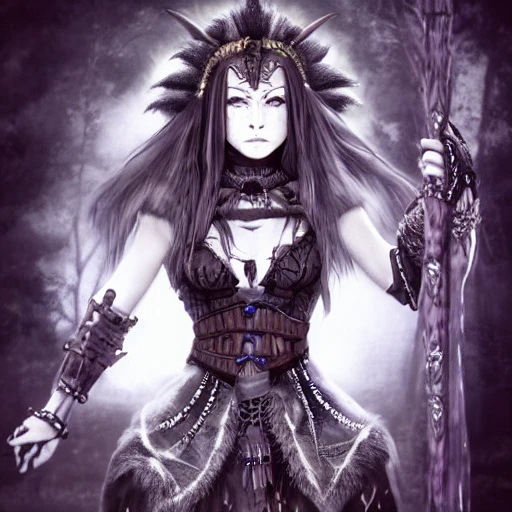 {{{dark fantasy grand witch of north}}}, highly detailed, {hyperrealistic upper body portrait leader of the druid tribe}, powerful nordic woman who knows dark magic, occultism, mage, overflowing energy, wears tribal cloth made of animal leather and warm materials, grim and gothic, light medieval armor, 1woman, gorgeous anime woman, illustrated, long dark hair, strong body, wears jewelry made of small bones and antlers, mysterious look, sharp focus, elegant, no hat, no headgear, volumetric lighting, smooth, in style of hades videogame, thick black outlines, cartoony, art by artgerm, art station, character art