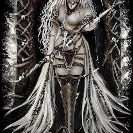 {{{dark fantasy grand witch of north}}}, highly detailed, {hyperrealistic upper body portrait leader of the druid tribe}, powerful nordic shield maiden who knows dark magic, occultism, mage, overflowing energy, wears tribal cloth made of animal leather and warm materials, grim and gothic, light medieval armor, 1woman, gorgeous anime woman, illustrated, long dark hair, strong body, wears jewelry made of small bones and antlers, mysterious look, sharp focus, elegant, no hat, no headgear, volumetric lighting, smooth, in style of hades videogame, thick black outlines, cartoony, art by artgerm, art station, character art