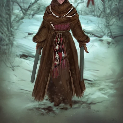 mdjrny-v4 style, artstation, pixiv, {{{dark fantasy rpg powerful dark mage from lapland}}}, simple solid color background, highly detailed, hyperrealistic full body portrait of female druid tribe leader from scandinavia, wearing jewelry and magic amulets made of small animal bones, {{wearing warm medieval clothing}}, heavy robe, light armor, magic, 1woman, gorgeous anime woman, illustrated, eye makeup, long dark natural hair, occultism, dark magic,  grim and gothic, medieval light armor, perfect anatomy, detailed eyes, sharp focus, beautiful eyes, strong colors, even lighting, fighting stance, simple solid background, {{in style of fire emblem the videogame}}, in style of hades the videogame, very thick black outlines, cartoony, in style of marvel comics, painted with ink, {very blunt borders}, adult cartoon, character concept art,  by HACCAN, by Kita Senri, by Suzuki Rika, by azu-taro, comic book cover style