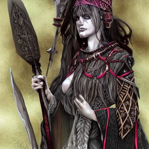 {{{dark fantasy grand witch of north}}}, highly detailed, {hyperrealistic upper body portrait leader of the druid tribe}, powerful nordic shield maiden who knows dark magic, occultism, mage, overflowing energy, wears tribal cloth made of animal leather and warm materials, grim and gothic, light medieval armor, 1woman, gorgeous anime woman, illustrated, long dark hair, strong body, wears jewelry made of small bones and antlers, mysterious look, sharp focus, elegant, no hat, no headgear, volumetric lighting, smooth, in style of hades videogame, thick black outlines, cartoony, art by artgerm, art station, character art