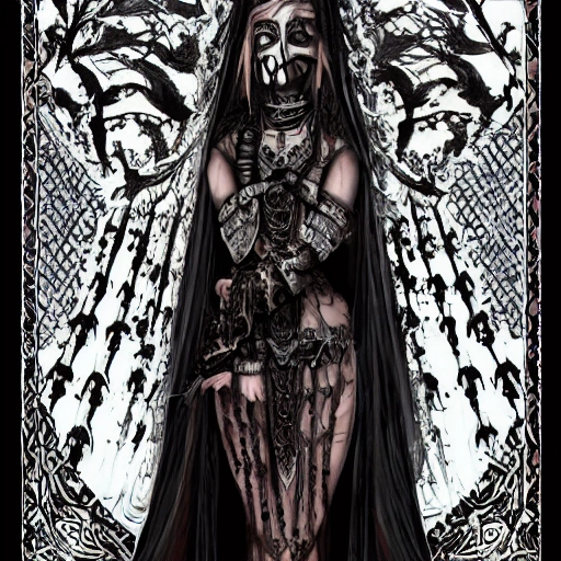 {{{dark fantasy bride of death}}}, highly detailed, {hyperrealistic upper body portrait of medieval woman who knows dark magic}, occultism, mage, overflowing energy, wears tribal cloth made of animal leather and warm materials, grim and gothic, light medieval armor, 1woman, gorgeous anime woman, illustrated, long dark hair, strong body, wears jewelry made of small bones and antlers, mysterious look, sharp focus, elegant, no hat, no headgear, volumetric lighting, smooth, in style of hades videogame, thick black outlines, cartoony, art by artgerm, art station, character art