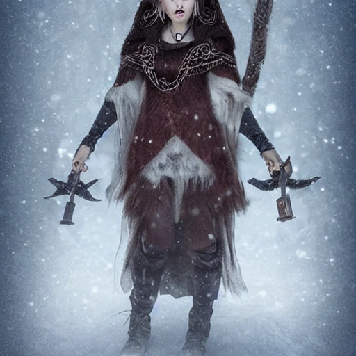 mdjrny-v4 style, artstation, pixiv, {{{dark fantasy rpg powerful dark mage from lapland}}}, simple solid color background, highly detailed, hyperrealistic full body portrait of female druid tribe leader from scandinavia, wearing jewelry and magic amulets made of small animal bones, {{wearing warm medieval clothing}}, heavy robe, light armor, magic, 1woman, gorgeous anime woman, illustrated, eye makeup, long dark natural hair, occultism, dark magic,  grim and gothic, medieval light armor, perfect anatomy, detailed eyes, sharp focus, beautiful eyes, strong colors, even lighting, fighting stance, simple solid background, {{in style of fire emblem the videogame}}, in style of hades the videogame, very thick black outlines, cartoony, in style of marvel comics, painted with ink, {very blunt borders}, adult cartoon, character concept art,  by HACCAN, by Kita Senri, by Suzuki Rika, by azu-taro, comic book cover style