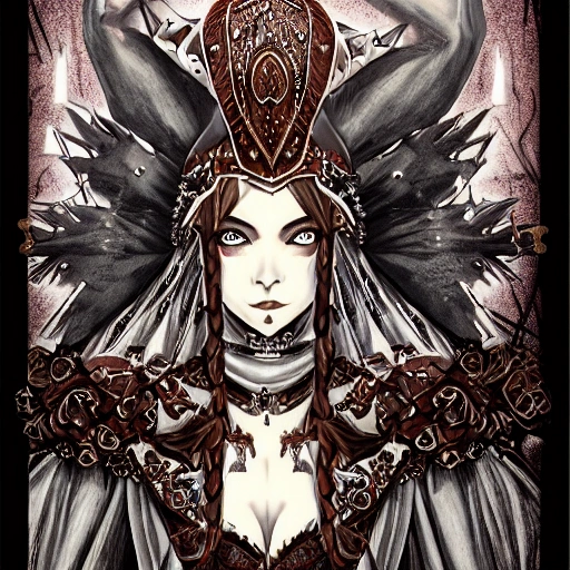 {{{dark fantasy bride of death}}}, highly detailed, {hyperrealistic upper body portrait of medieval woman who knows dark magic}, occultism, mage, overflowing energy, wears tribal cloth made of animal leather and warm materials, grim and gothic, light medieval armor, 1woman, gorgeous anime woman, illustrated, long dark hair, strong body, wears jewelry made of small bones and antlers, mysterious look, sharp focus, elegant, no hat, no headgear, volumetric lighting, smooth, in style of hades videogame, thick black outlines, cartoony, art by artgerm, art station, character art