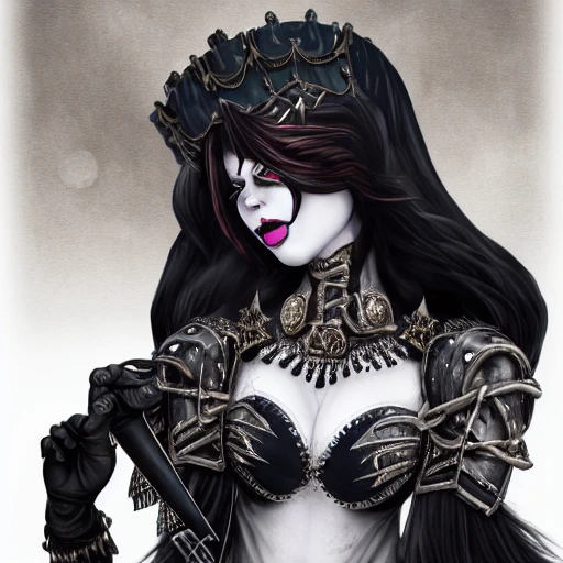 {{{dark fantasy miss death}}}, highly detailed, {hyperrealistic upper body portrait of woman who knows dark magic}, occultism, mage, overflowing energy, wears tribal cloth made of animal leather and warm materials, grim and gothic, light medieval armor, 1woman, gorgeous anime woman, illustrated, long dark hair, strong body, wears jewelry made of small bones and antlers, mysterious look, sharp focus, elegant, no hat, no headgear, volumetric lighting, smooth, in style of hades videogame, thick black outlines, cartoony, art by artgerm, art station, character art