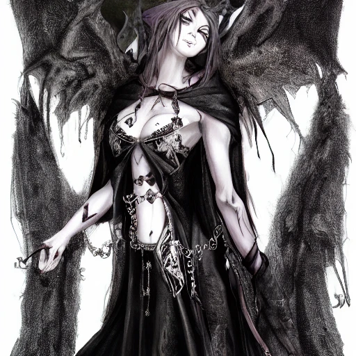 {{{dark fantasy demon lady}}}, highly detailed, {hyperrealistic upper body portrait of woman from hell who knows dark magic}, occultism, mage, overflowing energy, wears medieval leather robe, grim and gothic, light medieval armor, 1woman, gorgeous anime woman, illustrated, long dark hair, strong body, wears jewelry made of small bones and antlers, mysterious look, sharp focus, elegant, no hat, no headgear, volumetric lighting, smooth, in style of hades videogame, thick black outlines, cartoony, art by artgerm, art station, character art