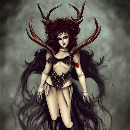 {{{dark fantasy demon lady}}}, highly detailed, {hyperrealistic upper body portrait of seductive woman from hell who knows dark magic}, occultism, mage, overflowing energy, wears medieval leather, grim and gothic, medieval armor, 1woman, gorgeous anime woman, illustrated, long dark hair, strong body, wears jewelry made of small bones and antlers, mysterious look, sharp focus, elegant, volumetric lighting, smooth, in style of hades videogame, thick black outlines, cartoony, art by artgerm, art station, character art