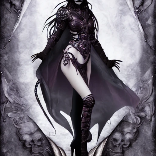 {{{dark fantasy demon lady}}}, highly detailed, {hyperrealistic full body portrait of woman from hell who knows dark magic}, occultism, mage, overflowing energy, wears medieval leather, grim and gothic, fully clotherd medieval armor, 1woman, gorgeous anime woman, illustrated, long dark hair, strong body, wears jewelry made of small bones and antlers, mysterious and seductive look, red skin color, sharp focus, elegant, volumetric lighting, smooth, in style of hades videogame, thick black outlines, cartoony, art by artgerm, art station, character art