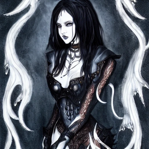 {{{dark fantasy demon lady}}}, highly detailed, {hyperrealistic full body portrait of woman from hell who knows dark magic}, occultism, mage, overflowing energy, wears medieval leather, grim and gothic, fully clotherd medieval armor, 1woman, gorgeous anime woman, illustrated, long dark hair, strong body, wears jewelry made of small bones and antlers, mysterious and seductive look, red skin color, sharp focus, elegant, volumetric lighting, smooth, in style of hades videogame, thick black outlines, cartoony, art by artgerm, art station, character art