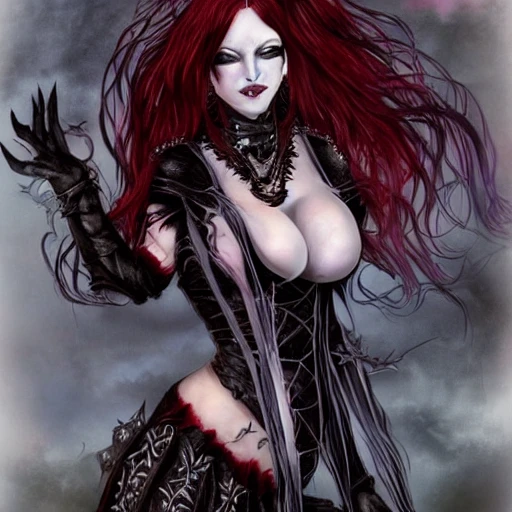 {{{dark fantasy demon lady}}}, highly detailed, {hyperrealistic full body portrait of woman from hell who knows dark magic}, occultism, mage, overflowing energy, wears medieval leather, grim and gothic, fully clotherd medieval armor, 1woman, gorgeous anime woman, illustrated, long dark red hair, strong body, wears jewelry made of small bones and antlers, mysterious and seductive look, red skin color, sharp focus, elegant, volumetric lighting, smooth, in style of hades videogame, thick black outlines, cartoony, art by artgerm, art station, character art