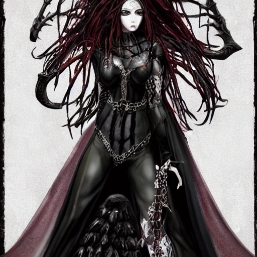 {{{dark fantasy demon lady}}}, highly detailed, {hyperrealistic full body portrait of woman from hell who knows dark magic}, occultism, mage, overflowing energy, wears medieval leather, grim and gothic, wearing leather and fully clothed medieval armor, 1woman, gorgeous anime woman, illustrated, long dark red hair, strong body, wears jewelry made of small bones and antlers, mysterious and seductive look, red skin color, sharp focus, elegant, volumetric lighting, smooth, in style of hades videogame, thick black outlines, cartoony, art by artgerm, art station, character art