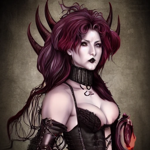 {{{dark fantasy demon lady}}}, highly detailed, {hyperrealistic full body portrait of woman from hell who knows dark magic}, occultism, mage, overflowing energy, wears medieval leather, grim and gothic, long leather boots, wearing full medieval armor, 1woman, gorgeous anime woman, illustrated, long dark red hair, strong body, wears jewelry made of small bones and antlers, mysterious and seductive look, red skin color, sharp focus, elegant, volumetric lighting, smooth, in style of hades videogame, thick black outlines, cartoony, art by artgerm, art station, character art