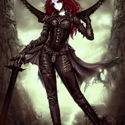 {{{dark fantasy powerful woman from hell}}}, highly detailed, {hyperrealistic full body portrait of demon bride who knows dark magic}, occultism, mage, overflowing energy, wears medieval leather, grim and gothic, long leather boots, wearing full medieval armor, 1woman, gorgeous anime woman, illustrated, long dark red hair, strong body, wears jewelry made of small bones and antlers, mysterious and seductive look, red skin color, sharp focus, elegant, volumetric lighting, smooth, in style of hades videogame, thick black outlines, cartoony, art by artgerm, art station, character art