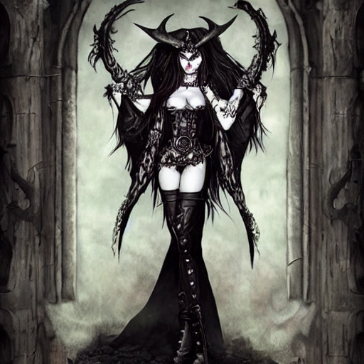 {{{dark fantasy powerful woman from hell}}}, highly detailed, {hyperrealistic full body portrait of demon bride who knows dark magic}, overflowing energy, grim and gothic, long leather boots, wearing medieval leather armor, 1woman, gorgeous anime woman, illustrated, long dark hair, strong body, wears large jewelry, mysterious and seductive look, {red skin color}, sharp focus, elegant, volumetric lighting, smooth, in style of hades videogame, thick black outlines, cartoony, art by artgerm, art station, character art