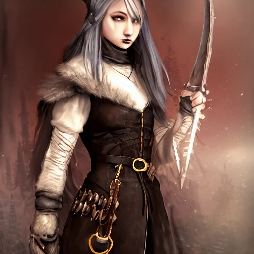 mdjrny-v4 style, artstation, pixiv, {{{dark fantasy rpg hunter lady }}}, simple solid color background, highly detailed, {{hyperrealistic full body portrait of young woman from scandinavia}}, wearing jewelry, {{wearing medieval leather armor}}, holding medieval hunter gear in her hands, magic, 1woman, gorgeous anime woman, illustrated, eye makeup, long dark natural hair, grim and gothic, perfect anatomy, beatiful and detailed eyes, sharp focus, beautiful eyes, strong colors, even lighting, fighting stance, simple solid background, {{in style of fire emblem the videogame}}, in style of hades the videogame, very thick black outlines, cartoony, in style of marvel comics, painted with ink, {very blunt borders}, adult cartoon, character concept art,  by HACCAN, by Kita Senri, by Suzuki Rika, by azu-taro, comic book cover style