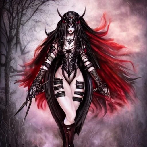 {{{dark fantasy powerful magical woman from hell}}}, highly detailed, {hyperrealistic full body portrait of demon bride}, overflowing energy, grim and gothic, long leather boots, wearing medieval leather armor, 1woman, gorgeous anime woman, illustrated, long dark hair, strong body, wears large jewelry, mysterious and seductive look, {red skin color}, sharp focus, elegant, volumetric lighting, smooth, in style of hades videogame, thick black outlines, cartoony, art by artgerm, art station, character art