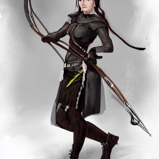 mdjrny-v4 style, artstation, pixiv, {{{dark fantasy rpg hunter lady holding a bow and arrow in her hands}}}, simple solid color background, highly detailed, {{hyperrealistic full body portrait of young woman from scandinavia}}, wearing jewelry, {{wearing medieval leather armor}}, medieval hunter gear, magic, 1woman, gorgeous anime woman, illustrated, eye makeup, long natural hair, grim and gothic, perfect anatomy, beatiful and detailed eyes, sharp focus, beautiful eyes, strong colors, even lighting, fighting stance, simple solid background, {{in style of fire emblem the videogame}}, in style of hades the videogame, very thick black outlines, cartoony, in style of marvel comics, painted with ink, {very blunt borders}, adult cartoon, character concept art,  by HACCAN, by Kita Senri, by Suzuki Rika, by azu-taro, comic book cover style