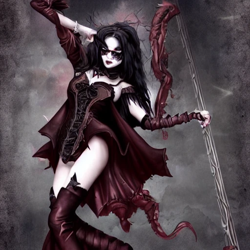 {{{dark fantasy powerful she-devil from hell}}, highly detailed, {hyperrealistic full body portrait of demon lady}, overflowing energy, grim and gothic, long leather boots, wearing long medieval dress and light armor, 1woman, gorgeous anime woman, illustrated, long dark hair, strong body, wears large jewelry, mysterious and seductive look, {red skin color}, sharp focus, elegant, volumetric lighting, smooth, in style of hades videogame, thick black outlines, cartoony, art by artgerm, art station, character art