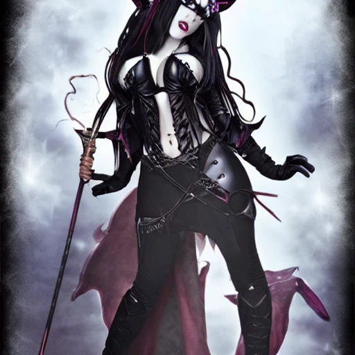 {{{fantasy powerful she-devil from hell}}, highly detailed, {hyperrealistic full body portrait of demon lady}, overflowing energy, grim and gothic, long leather boots, wearing long medieval dress and light armor, 1woman, gorgeous anime woman, illustrated, long dark hair, strong body, wears large jewelry, mysterious and seductive look, {red skin color}, sharp focus, elegant, volumetric lighting, smooth, in style of hades videogame, thick black outlines, cartoony, art by artgerm, art station, character art