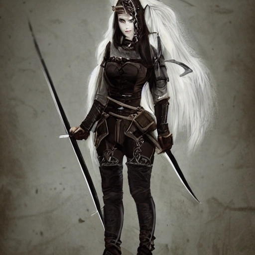 mdjrny-v4 style, artstation, pixiv, {{{dark fantasy rpg warrior princess holding hunter gear in her hands}}}, simple solid color background, highly detailed, {{hyperrealistic full body portrait of young woman from scandinavia}}, wearing jewelry, {{wearing medieval leather armor}}, medieval hunter gear, magic, 1woman, gorgeous anime woman, illustrated, eye makeup, long natural hair, grim and gothic, perfect anatomy, beatiful and detailed eyes, sharp focus, beautiful eyes, strong colors, even lighting, fighting stance, simple solid background, {{in style of fire emblem the videogame}}, in style of hades the videogame, very thick black outlines, cartoony, in style of marvel comics, painted with ink, {very blunt borders}, adult cartoon, character concept art,  by HACCAN, by Kita Senri, by Suzuki Rika, by azu-taro, comic book cover style