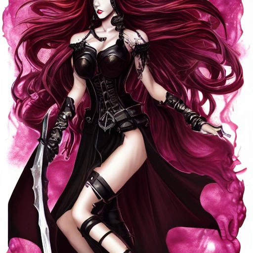 {{{fantasy powerful she-devil from hell}}, highly detailed, {hyperrealistic full body portrait of demon lady}, overflowing energy, grim and gothic, long leather boots, wearing long medieval dress and light armor, 1woman, gorgeous anime woman, illustrated, long dark hair, strong body, wears large jewelry, mysterious and seductive look, {red skin color}, sharp focus, elegant, volumetric lighting, smooth, in style of hades videogame, thick black outlines, cartoony, art by artgerm, art station, character art