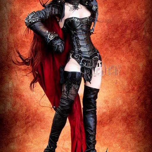 {{{fantasy powerful she-devil from hell}}, highly detailed, {hyperrealistic full body portrait of feminine demon, overflowing energy, grim and gothic, long leather boots, wearing long medieval dress and light armor, illustrated, long dark hair, strong body, wears large jewelry, mysterious and seductive look, {red skin color}, sharp focus, elegant, volumetric lighting, smooth, in style of hades videogame, thick black outlines, cartoony, anime, art by artgerm, art station, character art