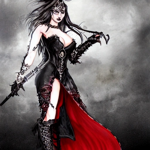 {{{fantasy powerful she-devil from hell}}, highly detailed, {hyperrealistic full body portrait of feminine demon, overflowing energy, grim and gothic, long leather boots, wearing long medieval dress and light armor, illustrated, long dark hair, beautiful and detailed eyes, strong body, wears large jewelry, mysterious and seductive look, {red skin color}, sharp focus, elegant, volumetric lighting, smooth, in style of hades videogame, thick black outlines, cartoony, anime, art by artgerm, art station, character art