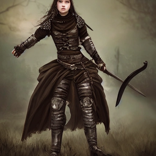 mdjrny-v4 style, artstation, pixiv, {{{dark fantasy rpg warrior princess holding a spear in her hand}}}, simple solid color background, highly detailed, {{hyperrealistic full body portrait of young woman from scandinavia}}, wearing jewelry, {{wearing medieval leather armor}}, medieval hunter gear, magic, 1woman, gorgeous anime woman, illustrated, eye makeup, long natural hair, grim and gothic, perfect anatomy, beatiful and detailed eyes, sharp focus, beautiful eyes, strong colors, even lighting, guard stance, simple solid background, {{in style of fire emblem the videogame}}, in style of hades the videogame, very thick black outlines, cartoony, in style of marvel comics, painted with ink, {very blunt borders}, adult cartoon, character concept art,  by HACCAN, by Kita Senri, by Suzuki Rika, by azu-taro, comic book cover style