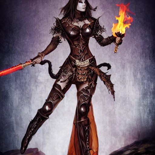 {{{fantasy powerful she-devil from hell} holding a flame sword in her hand}, highly detailed, {hyperrealistic full body portrait of feminine demon, overflowing energy, grim and gothic, long leather boots, wearing long medieval dress and light armor, illustrated, long dark hair, beautiful and detailed eyes, strong body, wears large jewelry, mysterious and seductive look, {red skin color}, sharp focus, elegant, volumetric lighting, smooth, in style of hades videogame, thick black outlines, cartoony, anime, art by artgerm, art station, character art