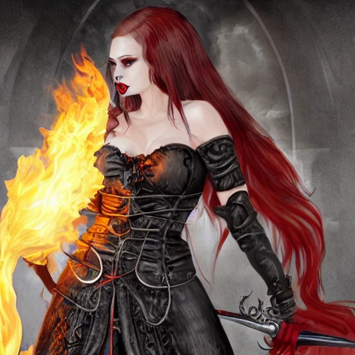 {{{fantasy powerful she-devil from hell} holding a flame sword in her hand}, highly detailed, {hyperrealistic full body portrait of feminine demon, overflowing energy, grim and gothic, long leather boots, wearing long medieval dress and light armor, illustrated, long dark hair, beautiful and detailed eyes, strong body, wears large jewelry, mysterious and seductive look, {red skin color}, sharp focus, elegant, volumetric lighting, smooth, in style of hades videogame, thick black outlines, cartoony, anime, art by artgerm, art station, character art