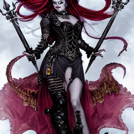 {{{fantasy powerful she-devil from hell} holding a flame sword in her hand}, highly detailed, {hyperrealistic full body portrait of feminine demon, overflowing energy, grim and gothic, long leather boots, wearing long medieval dress, illustrated, long hair, beautiful and detailed eyes, strong body, wears large jewelry, mysterious and seductive look, {red skin color}, sharp focus, elegant, volumetric lighting, smooth, in style of hades videogame, thick black outlines, cartoony, anime, art by artgerm, art station, character art