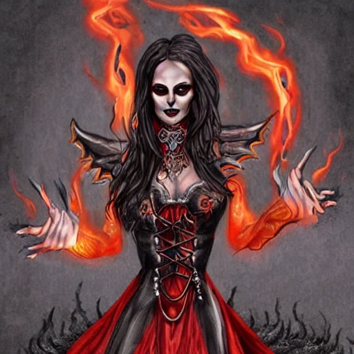 {{{fantasy powerful she-devil from hell casting a fire spell with her hand}, highly detailed, {hyperrealistic full body portrait of feminine demon, overflowing energy, grim and gothic, long leather boots, wearing long medieval dress, illustrated, long hair, beautiful and detailed eyes, strong body, wears large jewelry, mysterious and seductive look, {red skin color}, sharp focus, elegant, volumetric lighting, smooth, in style of hades videogame, thick black outlines, cartoony, anime, art by artgerm, art station, character art