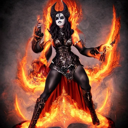 {{{fantasy powerful she-devil from hell casting a fire spell with her hand}, highly detailed, {hyperrealistic full body portrait of feminine demon, overflowing energy, grim and gothic, long leather boots, wearing long medieval dress, illustrated, long hair, beautiful and detailed eyes, strong body, wears large jewelry, mysterious and seductive look, {red skin color}, sharp focus, elegant, volumetric lighting, smooth, in style of hades videogame, thick black outlines, cartoony, anime, art by artgerm, art station, character art