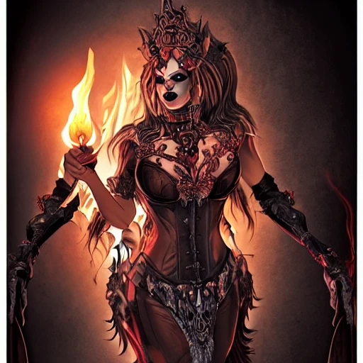 {{{fantasy powerful she-devil from hell casting a fire spell with her hand}, highly detailed, {hyperrealistic full body portrait of feminine demon, overflowing energy, grim and gothic, long leather boots, wearing long medieval dress, illustrated, long hair, beautiful and detailed eyes, strong body, busty, chubby body, wears large jewelry, mysterious and seductive look, {red skin color}, sharp focus, elegant, volumetric lighting, smooth, in style of hades videogame, thick black outlines, cartoony, anime, art by artgerm, art station, character art