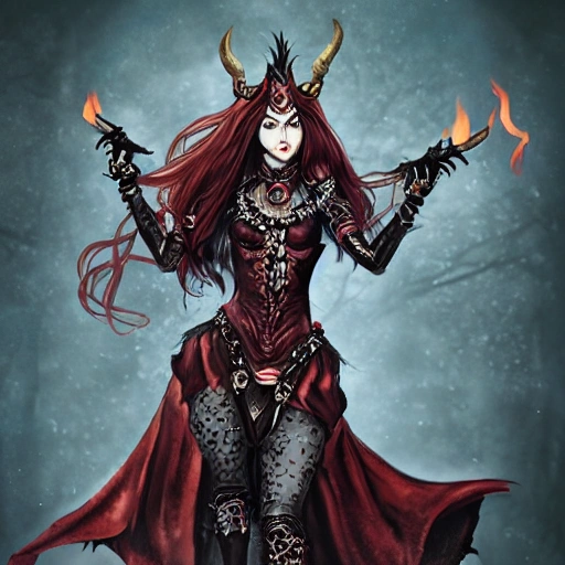 {{{fantasy powerful she-devil from hell casting a fire spell with her hand}, highly detailed, {hyperrealistic full body portrait of feminine demon, overflowing energy, grim and gothic, long leather boots, wearing long medieval dress, illustrated, long hair, beautiful and detailed eyes, strong body, busty, chubby body, wears large jewelry, mysterious and seductive look, {red skin color}, sharp focus, elegant, volumetric lighting, smooth, in style of hades videogame, thick black outlines, cartoony, anime, art by artgerm, art station, character art