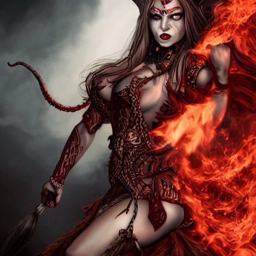 {{{fantasy powerful red skin she-devil from hell casting a fire spell with her hand}, highly detailed, {hyperrealistic full body portrait of feminine demon, overflowing energy, grim and gothic, long leather boots, wearing long medieval dress, illustrated, long hair, beautiful and detailed eyes, strong body, busty, chubby body, wears large jewelry, mysterious and seductive look, sharp focus, elegant, volumetric lighting, smooth, in style of hades videogame, thick black outlines, cartoony, anime, art by artgerm, art station, character art