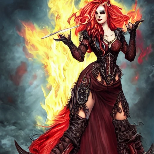 {{{fantasy powerful red skin she-devil from hell casting a fire spell with her hand}, highly detailed, {hyperrealistic full body portrait of feminine demon, overflowing energy, grim and gothic, long leather boots, wearing long medieval dress, illustrated, long hair, beautiful and detailed eyes, strong body, busty, chubby body, wears large jewelry, mysterious and seductive look, sharp focus, elegant, volumetric lighting, smooth, in style of hades videogame, thick black outlines, cartoony, anime, art by artgerm, art station, character art