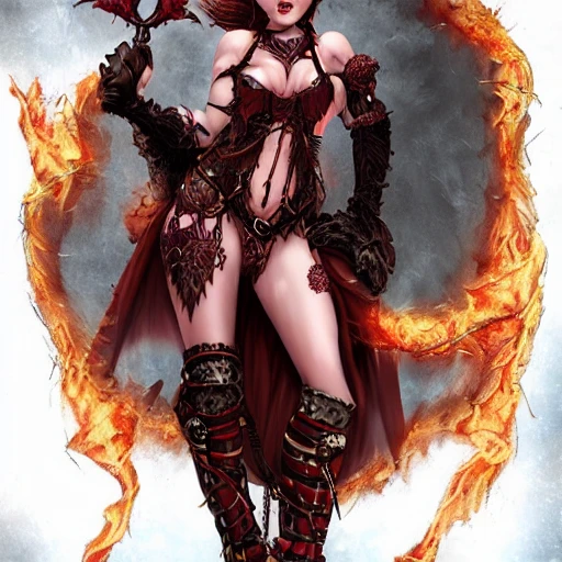 {{{fantasy powerful red skin she-devil from hell casting a fire spell with her hand}, highly detailed, {hyperrealistic full body portrait of feminine demon, overflowing energy, grim and gothic, long leather boots, wearing long medieval dress, wearing medieval bone armor, wearing jewelry, illustrated, long hair, beautiful and detailed eyes, strong body, busty, chubby body,  mysterious and seductive look, sharp focus, elegant, volumetric lighting, smooth, in style of hades videogame, thick black outlines, cartoony, anime, art by artgerm, art station, character art