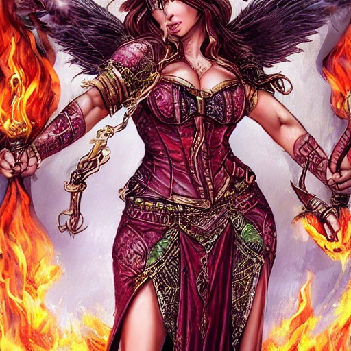 {{{fantasy powerful she-devil from hell casting a fire spell with her hand}, highly detailed, {hyperrealistic full body portrait of feminine demon, overflowing energy, wearing long medieval dress, wearing medieval bone armor, wearing jewelry, illustrated, long hair, beautiful and detailed eyes, strong body, busty, chubby body,  mysterious and seductive look, sharp focus, elegant, volumetric lighting, smooth, in style of hades videogame, thick black outlines, cartoony, anime, art by artgerm, art station, character art