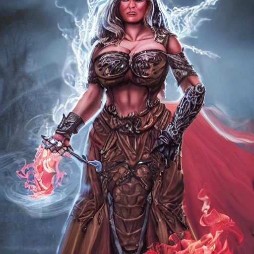 {{{fantasy powerful she-devil from hell casting a fire spell with her hand}, highly detailed, {hyperrealistic full body portrait of feminine demon, overflowing energy, wearing long medieval dress, wearing medieval bone armor, wearing jewelry, illustrated, long hair, beautiful and detailed eyes, strong body, busty, chubby body,  mysterious and seductive look, sharp focus, elegant, volumetric lighting, smooth, in style of hades videogame, thick black outlines, cartoony, anime, art by artgerm, art station, character art