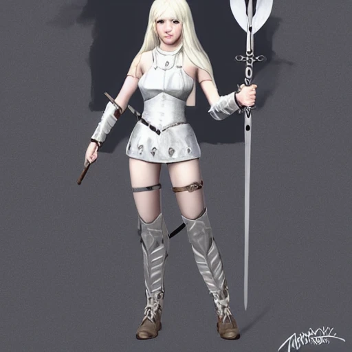 mdjrny-v4 style, artstation, pixiv, {{{nordic platinum blonde fantasy rpg maiden holding a spear}}}, simple solid color background, highly detailed, {{hyperrealistic full body portrait of young petite woman from scandinavia}}, wearing jewelry, {{wearing white light medieval leather armor}}, magic, 1woman, gorgeous anime woman, illustrated, eye makeup, long natural hair, grim and gothic, perfect anatomy, beatiful and detailed eyes, sharp focus, beautiful eyes, strong colors, even lighting, guard stance, simple solid background, {{in style of fire emblem the videogame}}, in style of hades the videogame, very thick black outlines, cartoony, in style of marvel comics, painted with ink, {very blunt borders}, adult cartoon, character concept art,  by HACCAN, by Kita Senri, by Suzuki Rika, by azu-taro, comic book cover style