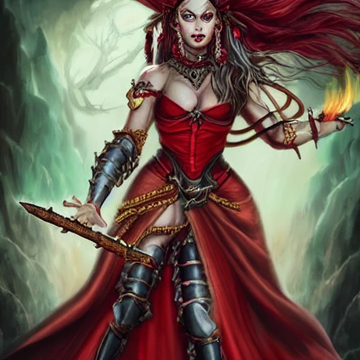 {{{fantasy powerful she-devil from hell casting a fire spell with her hand}, ruler of hell, highly detailed, {hyperrealistic full body portrait of feminine demon, overflowing energy, wearing long medieval dress, wearing medieval bone armor, wearing jewelry, illustrated, long hair, beautiful and detailed eyes, busty, voluptous body,  mysterious and seductive look, sharp focus, elegant, volumetric lighting, smooth, in style of hades videogame, thick black outlines, cartoony, anime, art by artgerm, art station, character art