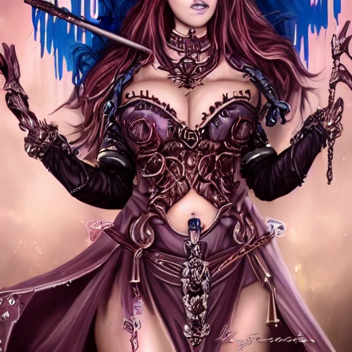 {{{fantasy powerful she-devil from hell}, ruler of hell, casting blue fire spell with her hands, highly detailed, {hyperrealistic full body portrait of feminine demon}, overflowing energy, wearing long medieval dress, wearing medieval bone armor, wearing jewelry, illustrated, long hair, beautiful and detailed eyes, busty, voluptous body,  mysterious and seductive look, sharp focus, elegant, volumetric lighting, smooth, in style of hades videogame, thick black outlines, cartoony, anime, art by artgerm, art station, character art