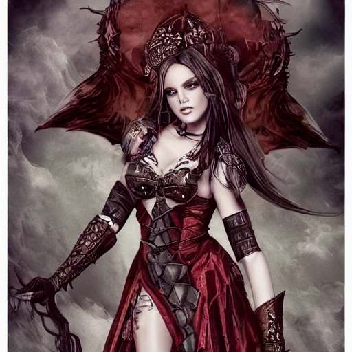 {{{fantasy powerful she-devil from hell}, ruler of hell, casting fire spell with her hands, highly detailed, {hyperrealistic full body portrait of feminine demon}, overflowing energy, wearing long medieval dress, wearing medieval bone armor, wearing jewelry, illustrated, long hair, beautiful and detailed eyes, busty, voluptous body,  mysterious and seductive look, sharp focus, elegant, volumetric lighting, smooth, in style of hades videogame, thick black outlines, cartoony, anime, art by artgerm, art station, character art